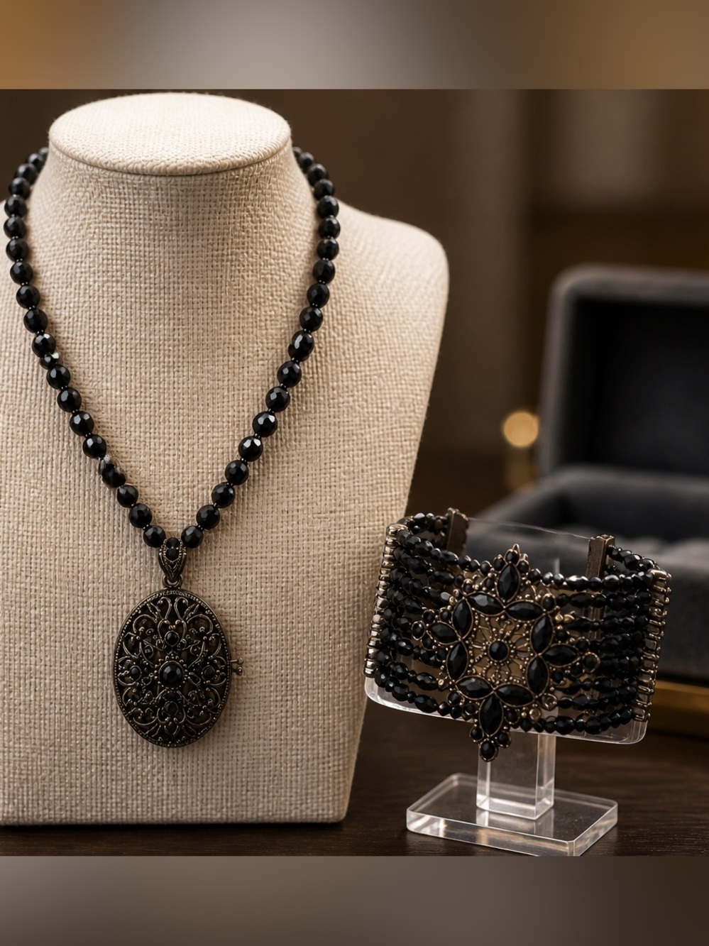 Black Crystal Beaded Locket Necklace Set - Statement Cuff Choker